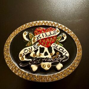 Vintage Y2K Ed Hardy Love Kills Slowly Belt Buckle with Red and Gold Accents